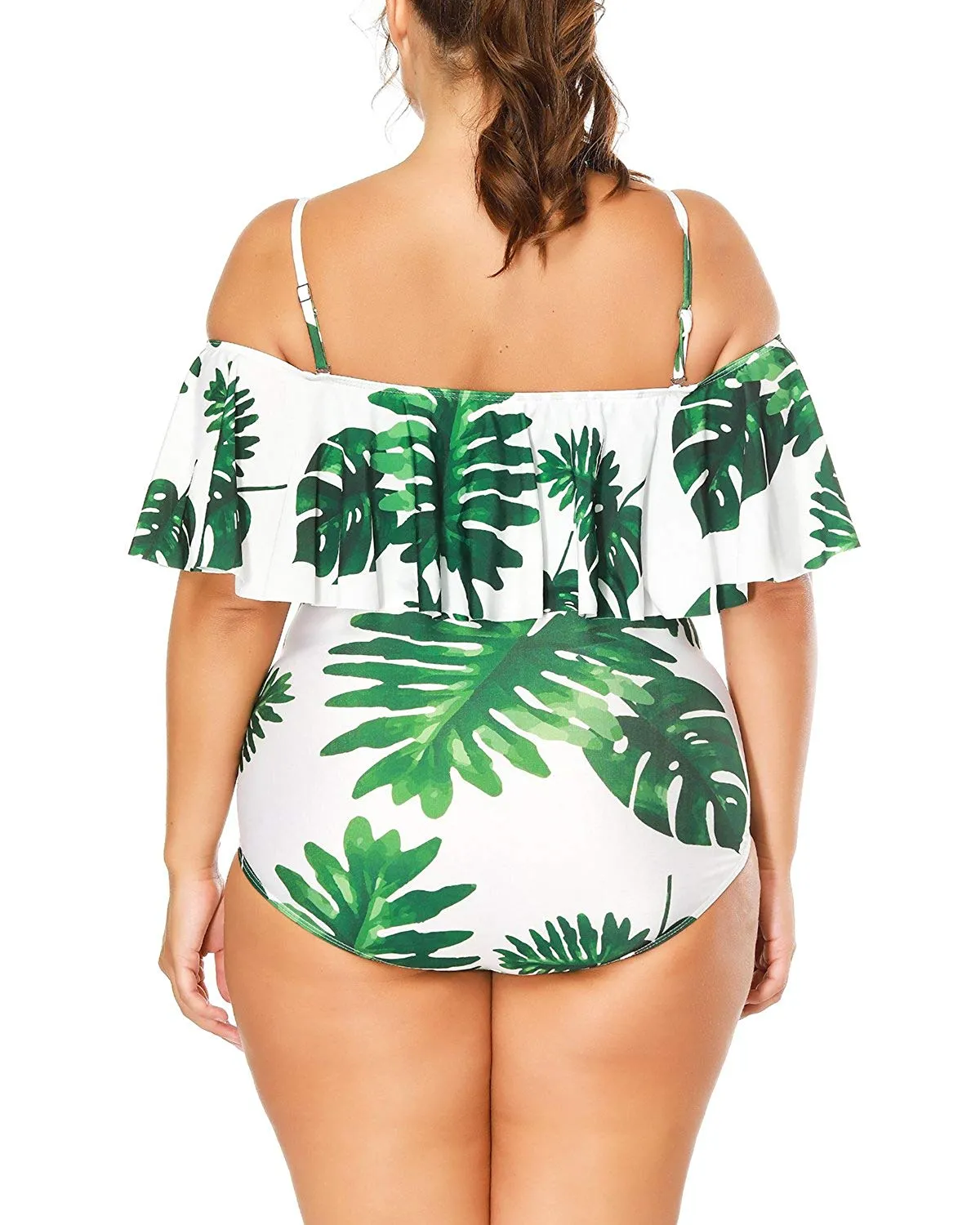 Wavely Women One Piece Plus Size Swimwear Ruffle Flounce Off Shoulder Printed Monokini Swimsuits