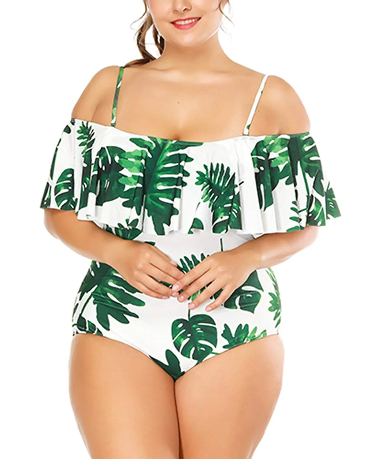Wavely Women One Piece Plus Size Swimwear Ruffle Flounce Off Shoulder Printed Monokini Swimsuits