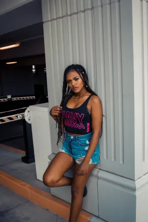 Wavy Neon Pink Outline | Black Crop Top Tank