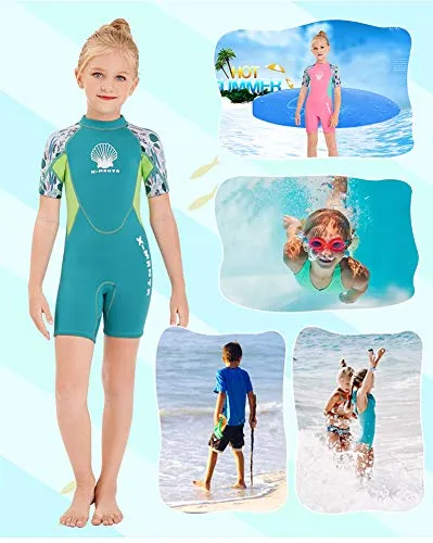Wetsuit Kids Shorty Neoprene Thermal Diving Swimsuit 2.5MM for Girls Boys Child Teen Youth Toddler, One Piece Children Rash Guard Swimming Suit UV Protection Sunsuit for Surfing (Girl Green, L)