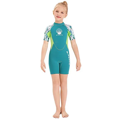 Wetsuit Kids Shorty Neoprene Thermal Diving Swimsuit 2.5MM for Girls Boys Child Teen Youth Toddler, One Piece Children Rash Guard Swimming Suit UV Protection Sunsuit for Surfing (Girl Green, L)