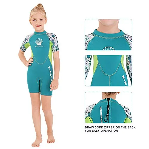 Wetsuit Kids Shorty Neoprene Thermal Diving Swimsuit 2.5MM for Girls Boys Child Teen Youth Toddler, One Piece Children Rash Guard Swimming Suit UV Protection Sunsuit for Surfing (Girl Green, L)