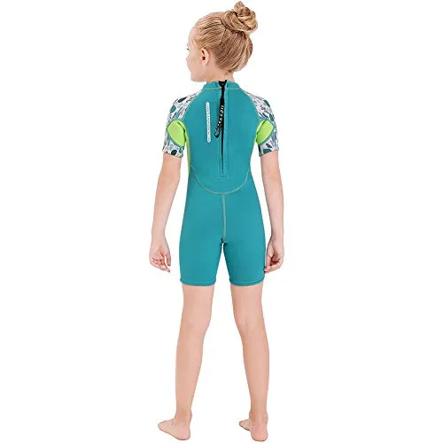 Wetsuit Kids Shorty Neoprene Thermal Diving Swimsuit 2.5MM for Girls Boys Child Teen Youth Toddler, One Piece Children Rash Guard Swimming Suit UV Protection Sunsuit for Surfing (Girl Green, L)