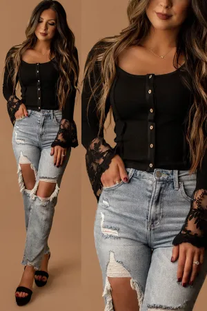 Where You Left It Lace Trim Long Sleeve Top (Black)