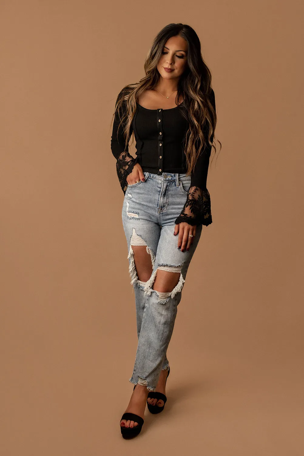 Where You Left It Lace Trim Long Sleeve Top (Black)