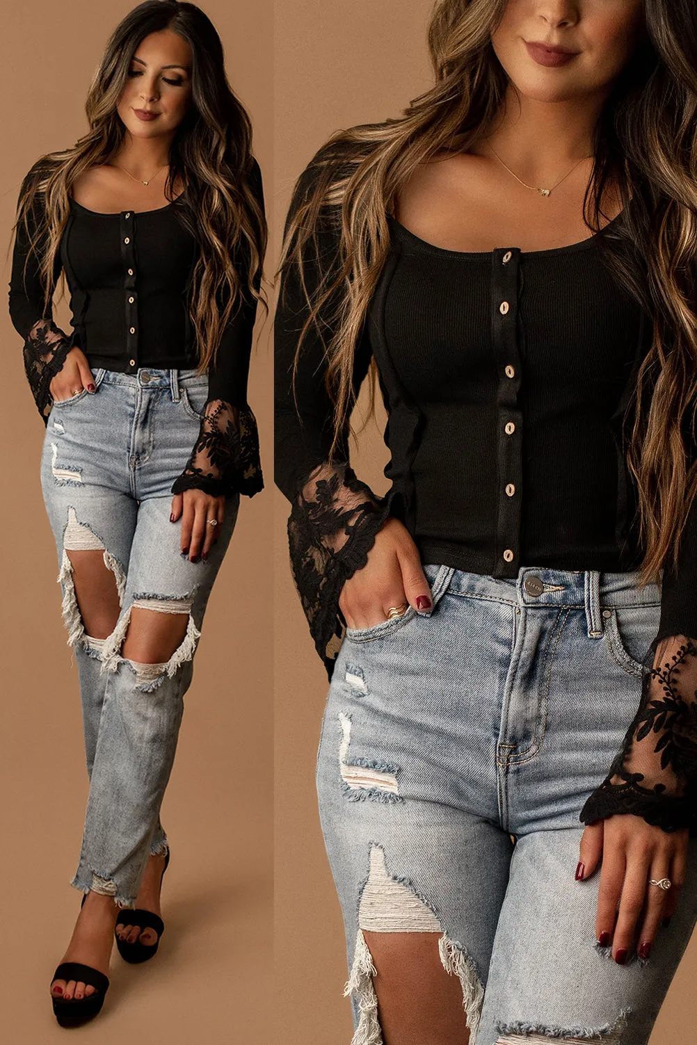 Where You Left It Lace Trim Long Sleeve Top (Black)