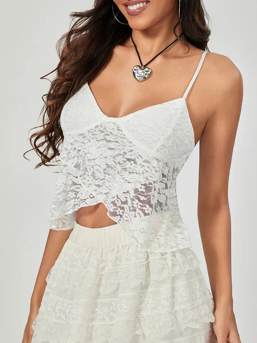 White Lace Spaghetti Strap Wrap Hem Slip Camisole Top