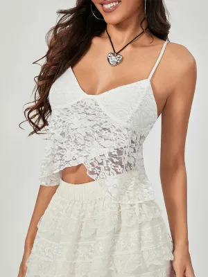 White Lace Spaghetti Strap Wrap Hem Slip Camisole Top