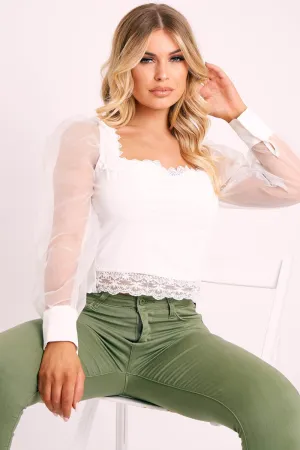 White Lace Trim Puff Sleeve Crop Top - Bethan
