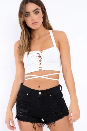 White Lace Up Front Crop Top - Lacey