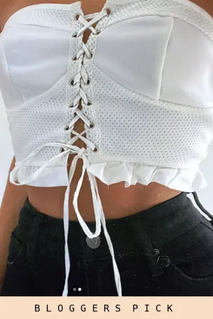 White Mesh Lace Up Frill Bandeau Top - Gisella