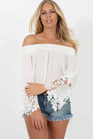 White Off Shoulder Crochet Detail Crop Top - Wednesday