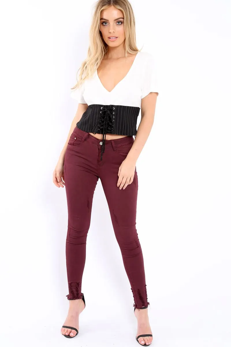 White Plunge Black Corset Lace Front Crop Top - Brinklee