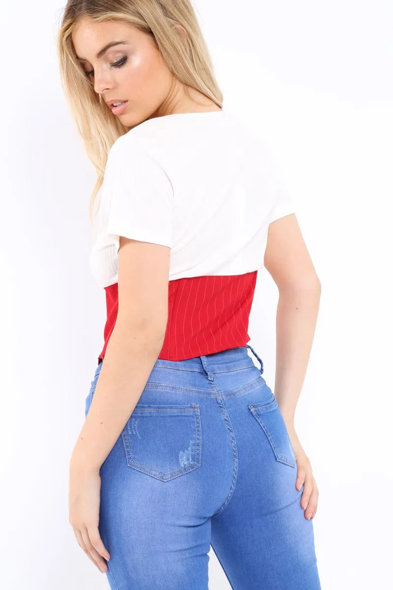 White Plunge Red Corset Lace Front Crop Top - Brinklee