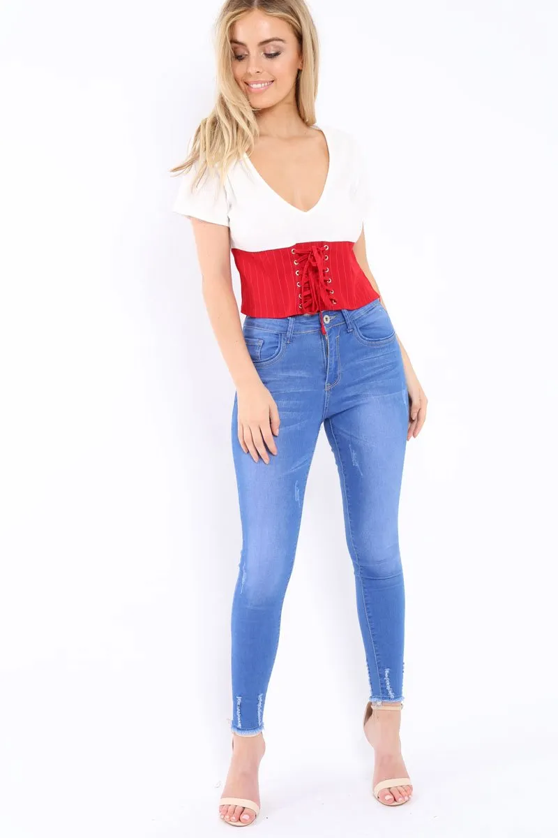 White Plunge Red Corset Lace Front Crop Top - Brinklee