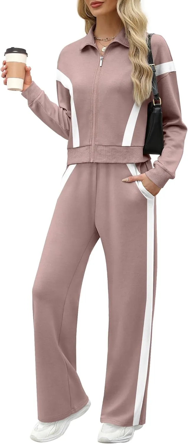 WIHOLL Lounge Sets for Women 2024 Zip Up Sweatshirt Wide Leg Sweatpants Casual 2 Piece Outfits Fashion Sweatsuits Tracksuit