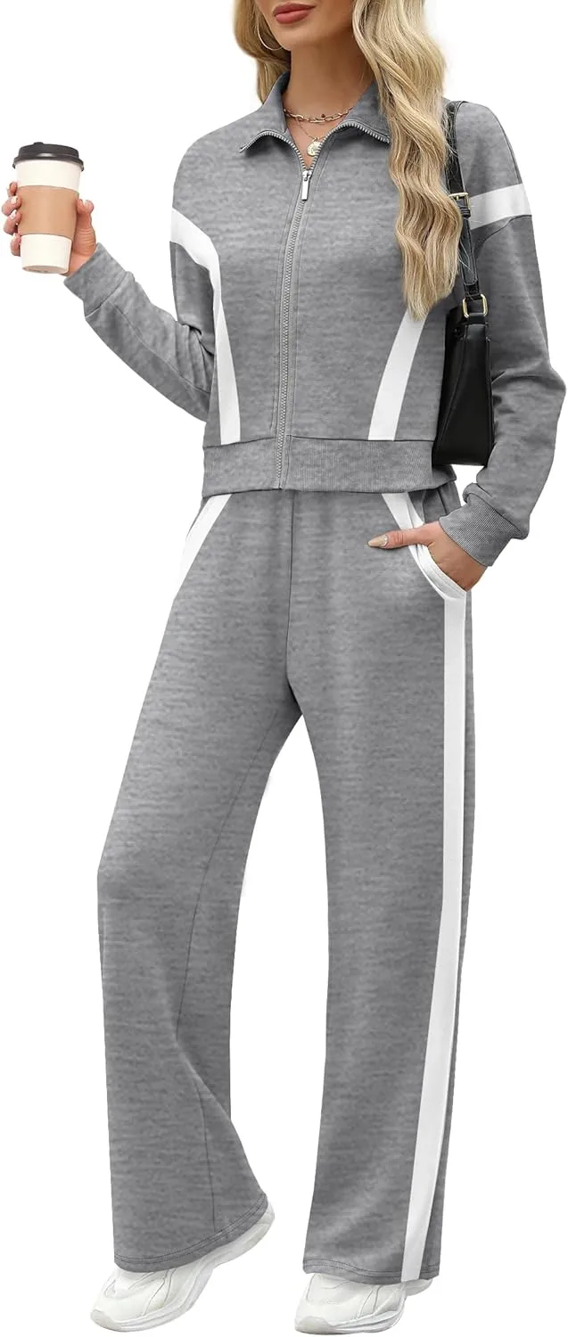 WIHOLL Lounge Sets for Women 2024 Zip Up Sweatshirt Wide Leg Sweatpants Casual 2 Piece Outfits Fashion Sweatsuits Tracksuit