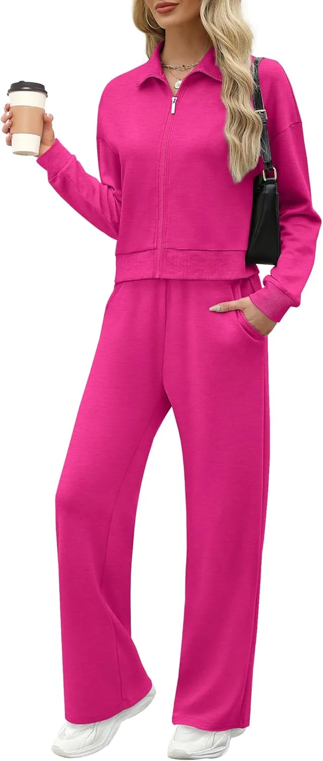 WIHOLL Lounge Sets for Women 2024 Zip Up Sweatshirt Wide Leg Sweatpants Casual 2 Piece Outfits Fashion Sweatsuits Tracksuit