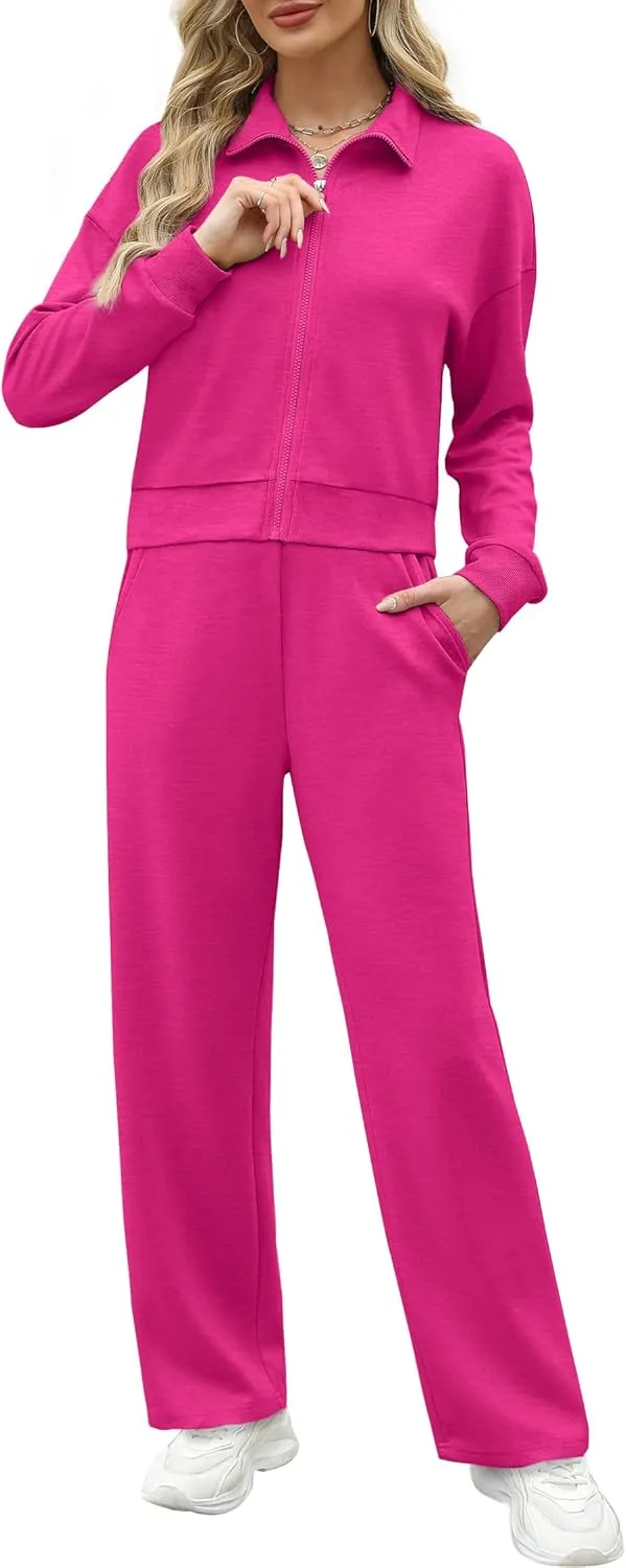 WIHOLL Lounge Sets for Women 2024 Zip Up Sweatshirt Wide Leg Sweatpants Casual 2 Piece Outfits Fashion Sweatsuits Tracksuit