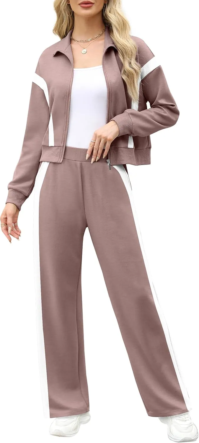 WIHOLL Lounge Sets for Women 2024 Zip Up Sweatshirt Wide Leg Sweatpants Casual 2 Piece Outfits Fashion Sweatsuits Tracksuit