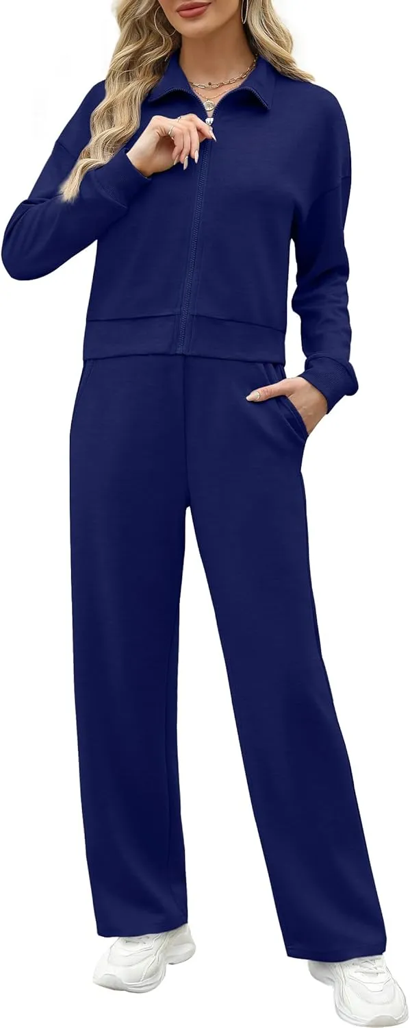 WIHOLL Lounge Sets for Women 2024 Zip Up Sweatshirt Wide Leg Sweatpants Casual 2 Piece Outfits Fashion Sweatsuits Tracksuit