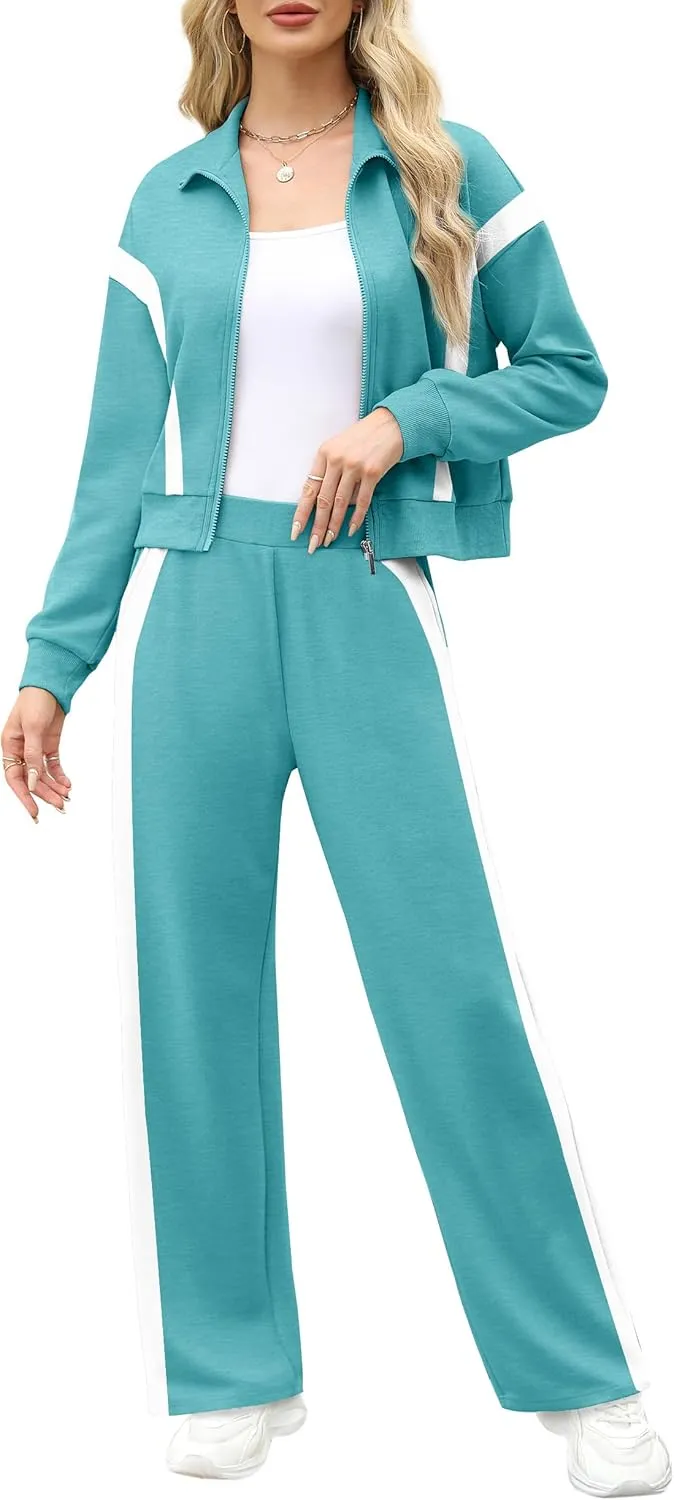 WIHOLL Lounge Sets for Women 2024 Zip Up Sweatshirt Wide Leg Sweatpants Casual 2 Piece Outfits Fashion Sweatsuits Tracksuit