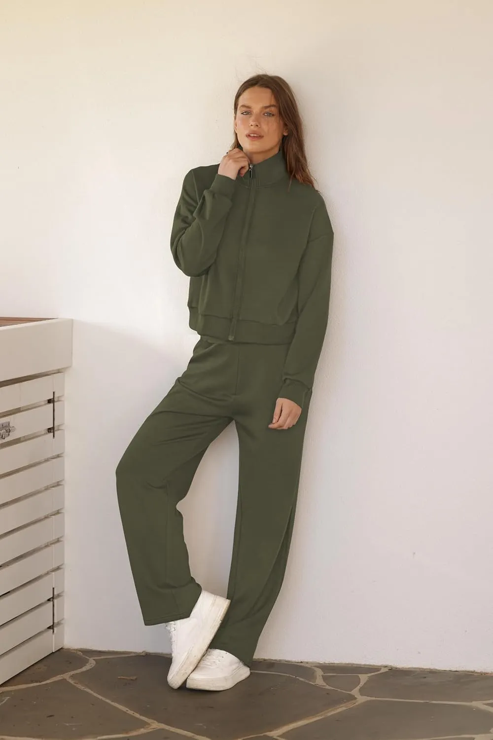 WIHOLL Lounge Sets for Women 2024 Zip Up Sweatshirt Wide Leg Sweatpants Casual 2 Piece Outfits Fashion Sweatsuits Tracksuit