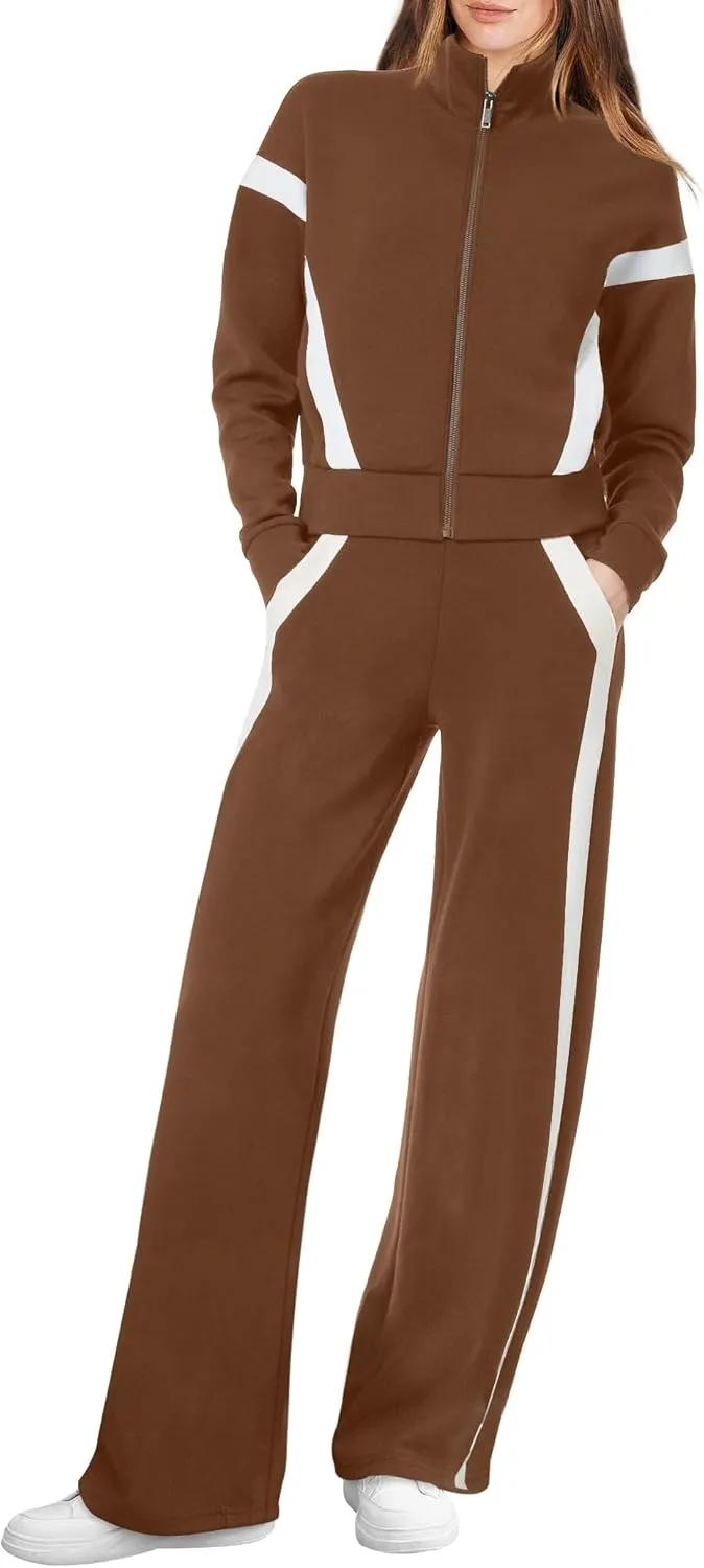 WIHOLL Lounge Sets for Women 2024 Zip Up Sweatshirt Wide Leg Sweatpants Casual 2 Piece Outfits Fashion Sweatsuits Tracksuit