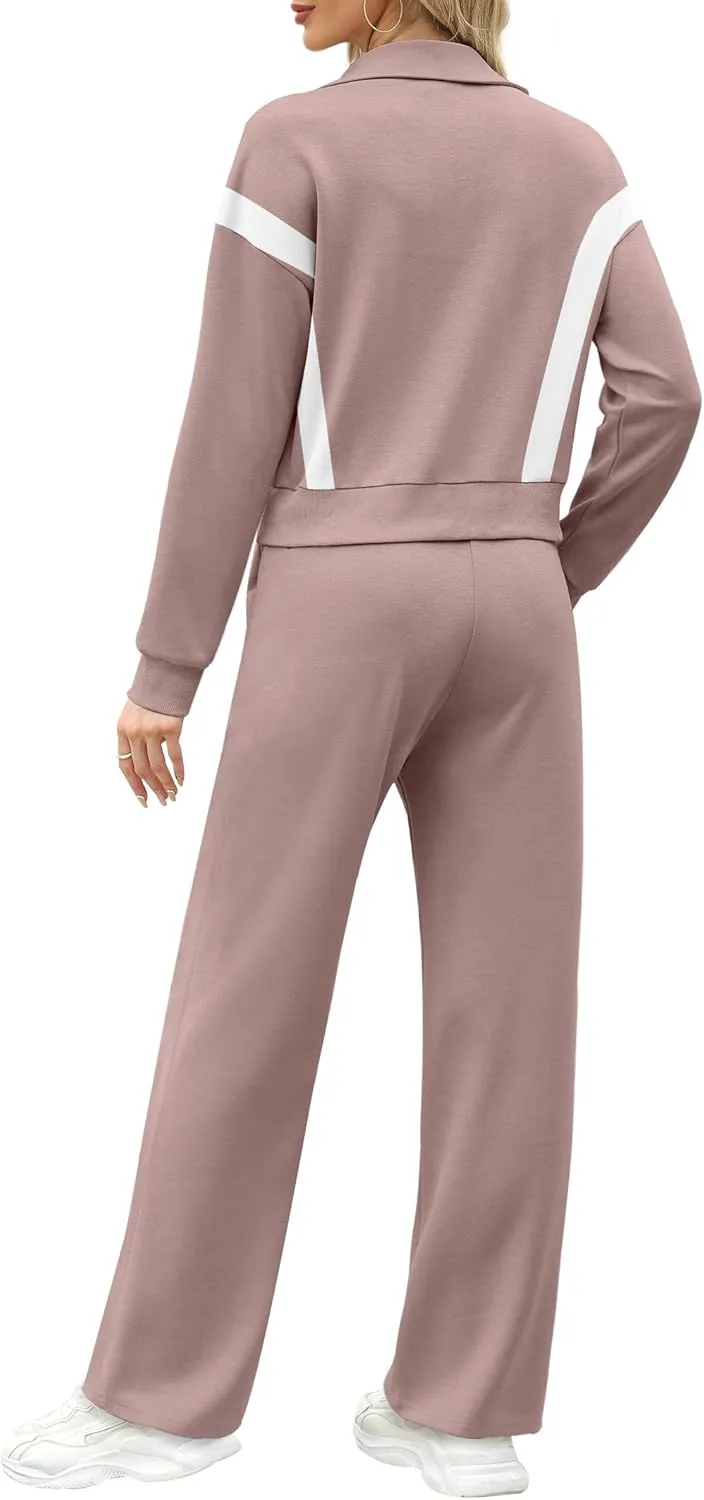 WIHOLL Lounge Sets for Women 2024 Zip Up Sweatshirt Wide Leg Sweatpants Casual 2 Piece Outfits Fashion Sweatsuits Tracksuit