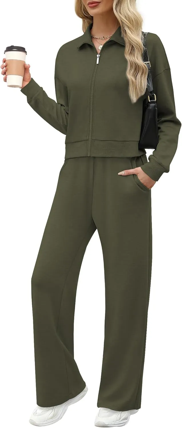 WIHOLL Lounge Sets for Women 2024 Zip Up Sweatshirt Wide Leg Sweatpants Casual 2 Piece Outfits Fashion Sweatsuits Tracksuit