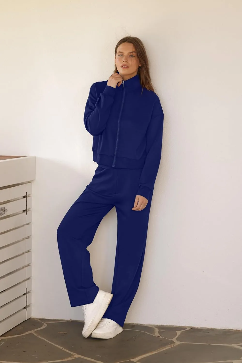 WIHOLL Lounge Sets for Women 2024 Zip Up Sweatshirt Wide Leg Sweatpants Casual 2 Piece Outfits Fashion Sweatsuits Tracksuit