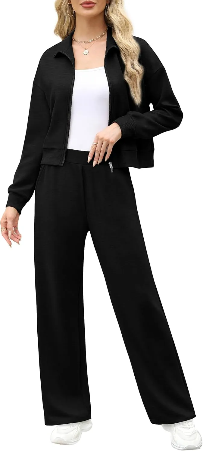 WIHOLL Lounge Sets for Women 2024 Zip Up Sweatshirt Wide Leg Sweatpants Casual 2 Piece Outfits Fashion Sweatsuits Tracksuit