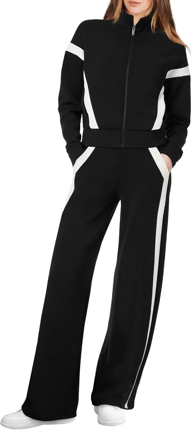 WIHOLL Lounge Sets for Women 2024 Zip Up Sweatshirt Wide Leg Sweatpants Casual 2 Piece Outfits Fashion Sweatsuits Tracksuit