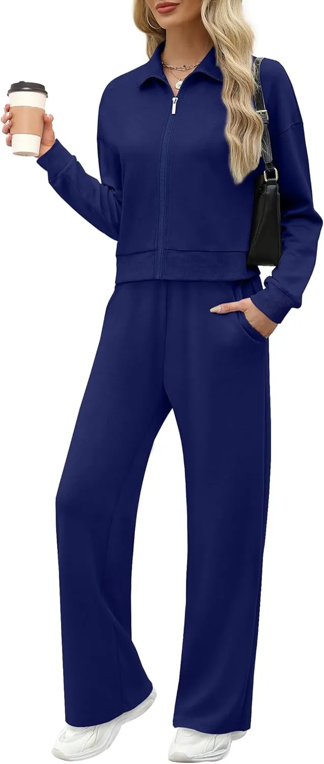 WIHOLL Lounge Sets for Women 2024 Zip Up Sweatshirt Wide Leg Sweatpants Casual 2 Piece Outfits Fashion Sweatsuits Tracksuit