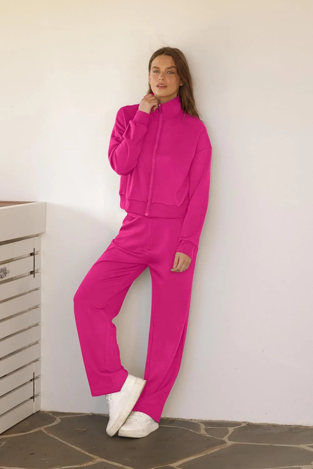 WIHOLL Lounge Sets for Women 2024 Zip Up Sweatshirt Wide Leg Sweatpants Casual 2 Piece Outfits Fashion Sweatsuits Tracksuit