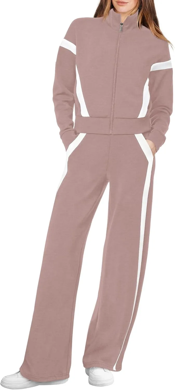 WIHOLL Lounge Sets for Women 2024 Zip Up Sweatshirt Wide Leg Sweatpants Casual 2 Piece Outfits Fashion Sweatsuits Tracksuit