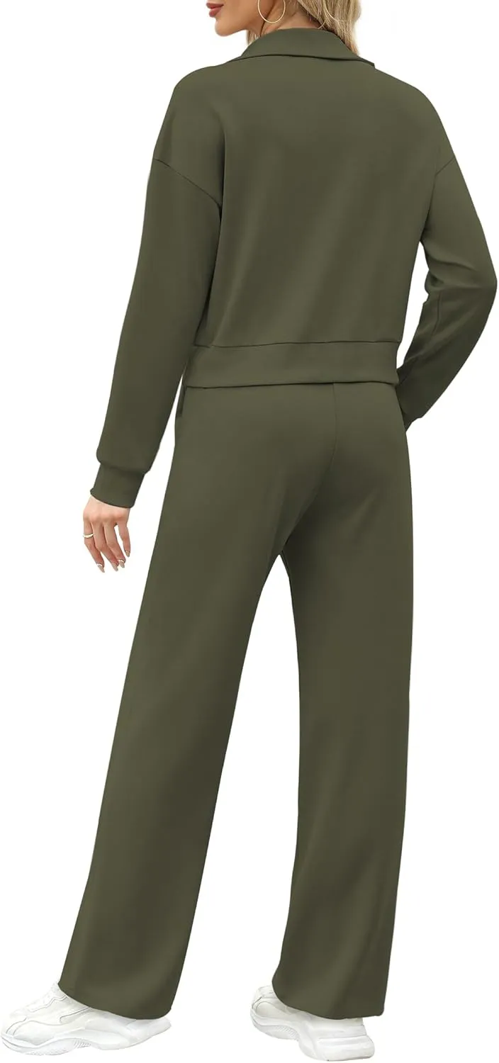 WIHOLL Lounge Sets for Women 2024 Zip Up Sweatshirt Wide Leg Sweatpants Casual 2 Piece Outfits Fashion Sweatsuits Tracksuit