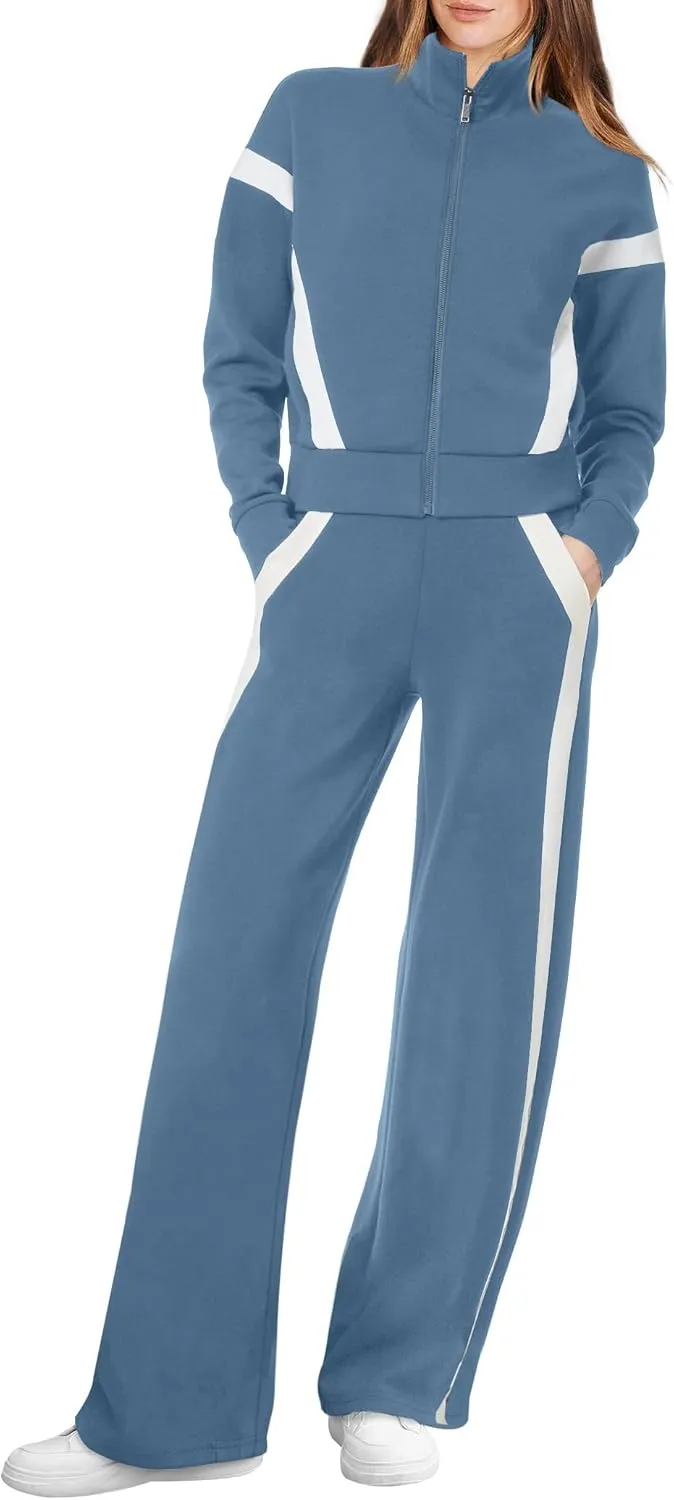 WIHOLL Lounge Sets for Women 2024 Zip Up Sweatshirt Wide Leg Sweatpants Casual 2 Piece Outfits Fashion Sweatsuits Tracksuit