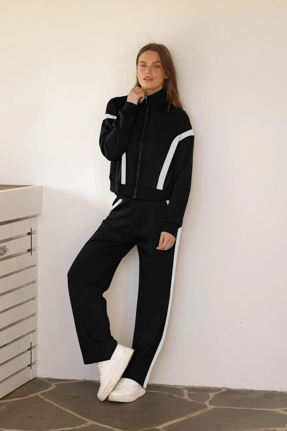 WIHOLL Lounge Sets for Women 2024 Zip Up Sweatshirt Wide Leg Sweatpants Casual 2 Piece Outfits Fashion Sweatsuits Tracksuit