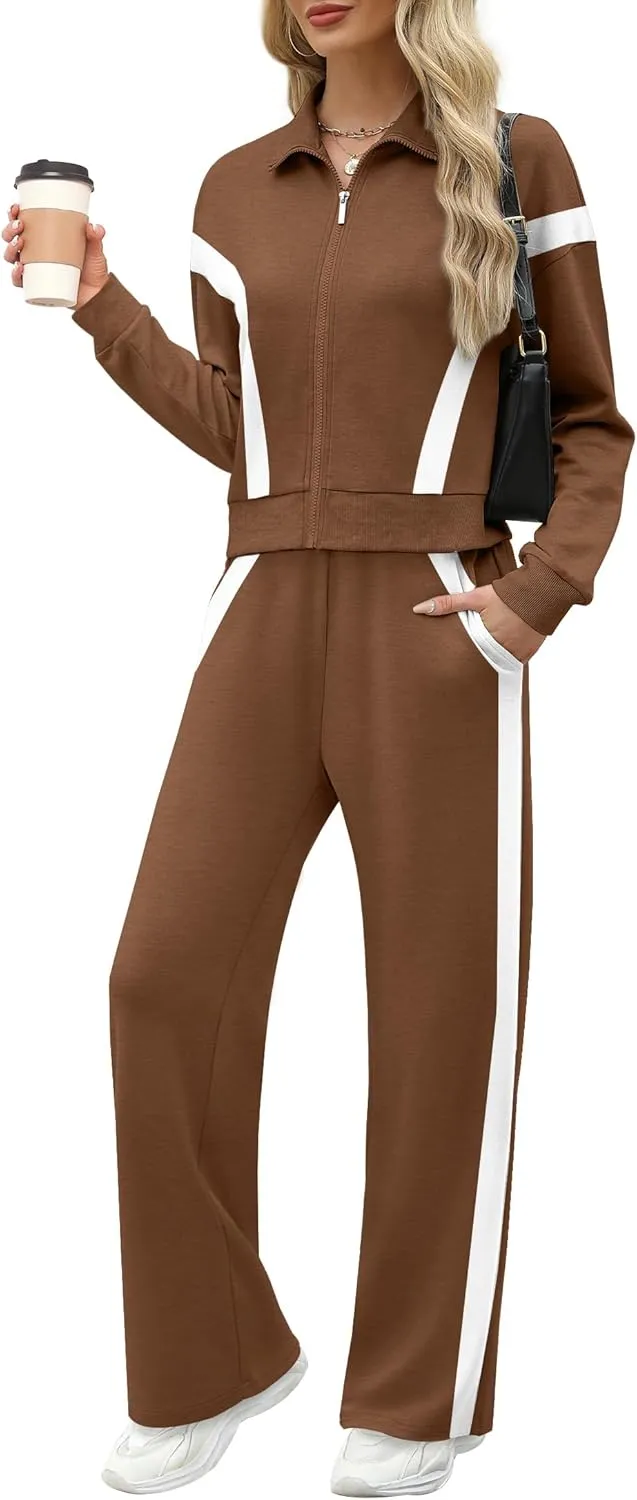 WIHOLL Lounge Sets for Women 2024 Zip Up Sweatshirt Wide Leg Sweatpants Casual 2 Piece Outfits Fashion Sweatsuits Tracksuit