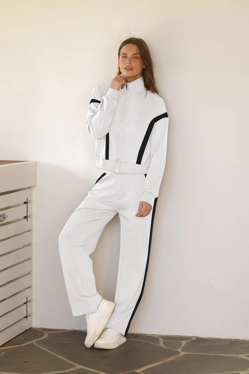 WIHOLL Lounge Sets for Women 2024 Zip Up Sweatshirt Wide Leg Sweatpants Casual 2 Piece Outfits Fashion Sweatsuits Tracksuit