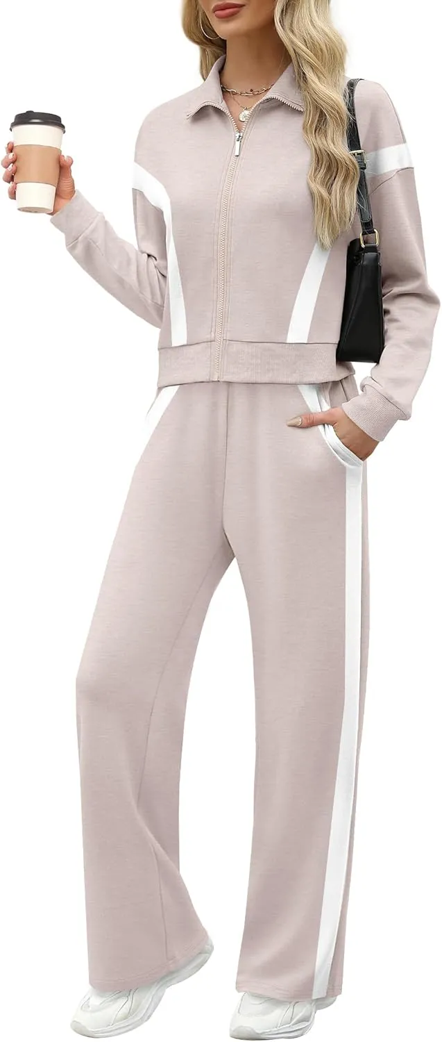 WIHOLL Lounge Sets for Women 2024 Zip Up Sweatshirt Wide Leg Sweatpants Casual 2 Piece Outfits Fashion Sweatsuits Tracksuit