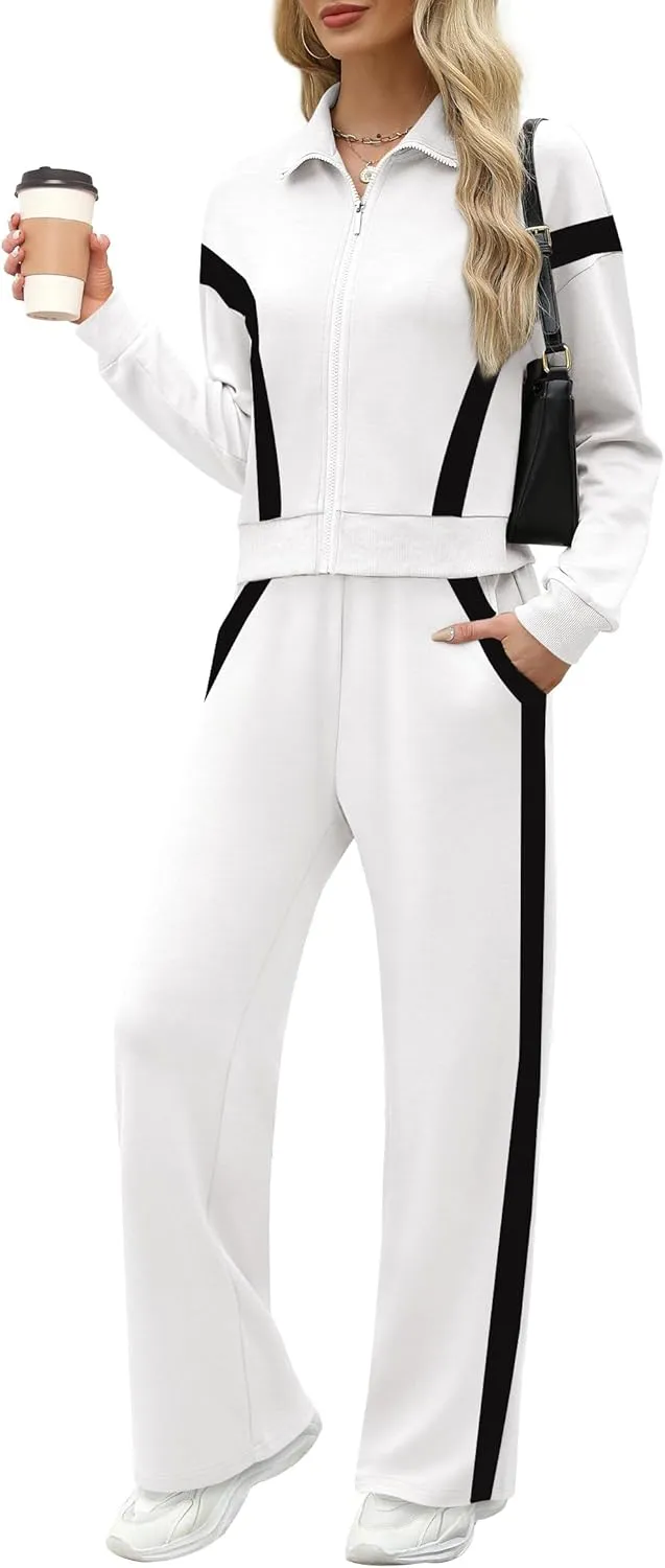 WIHOLL Lounge Sets for Women 2024 Zip Up Sweatshirt Wide Leg Sweatpants Casual 2 Piece Outfits Fashion Sweatsuits Tracksuit