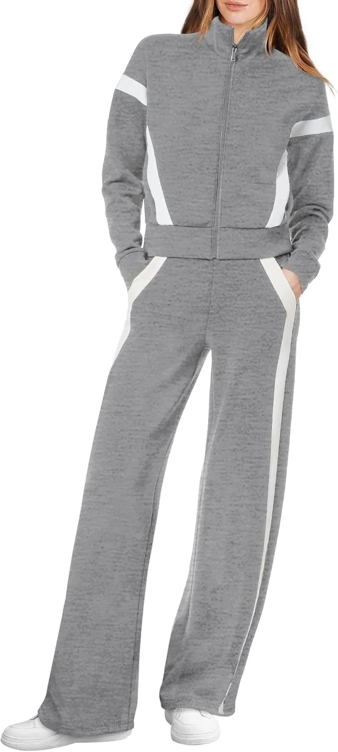 WIHOLL Lounge Sets for Women 2024 Zip Up Sweatshirt Wide Leg Sweatpants Casual 2 Piece Outfits Fashion Sweatsuits Tracksuit