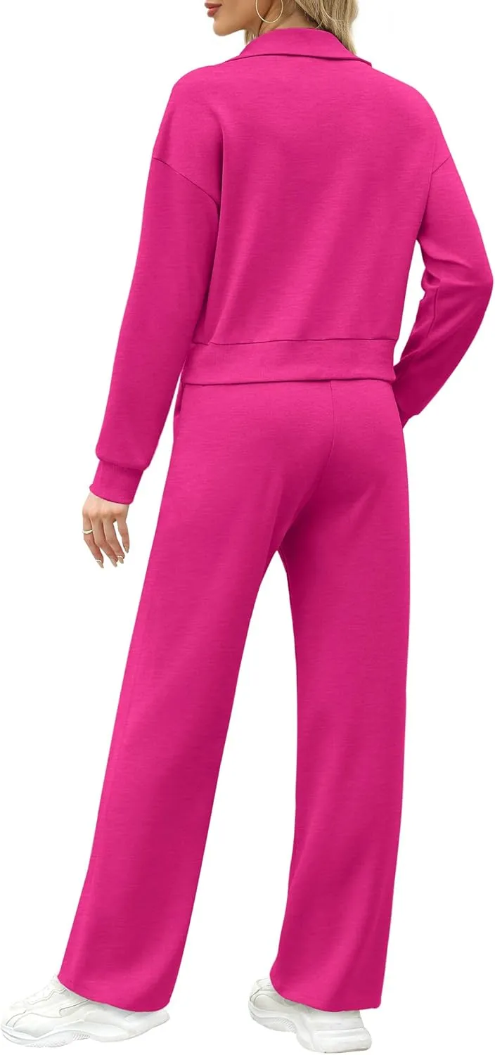 WIHOLL Lounge Sets for Women 2024 Zip Up Sweatshirt Wide Leg Sweatpants Casual 2 Piece Outfits Fashion Sweatsuits Tracksuit