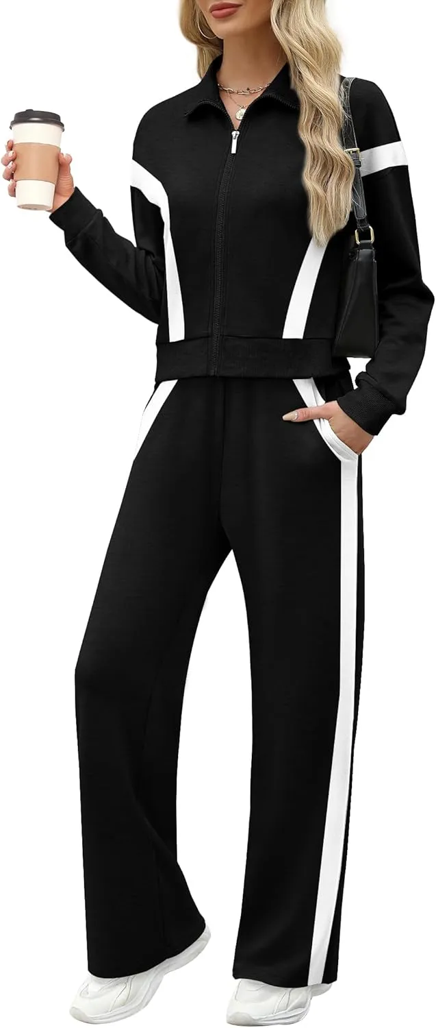 WIHOLL Lounge Sets for Women 2024 Zip Up Sweatshirt Wide Leg Sweatpants Casual 2 Piece Outfits Fashion Sweatsuits Tracksuit