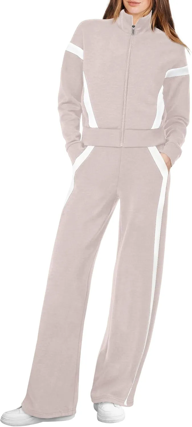 WIHOLL Lounge Sets for Women 2024 Zip Up Sweatshirt Wide Leg Sweatpants Casual 2 Piece Outfits Fashion Sweatsuits Tracksuit