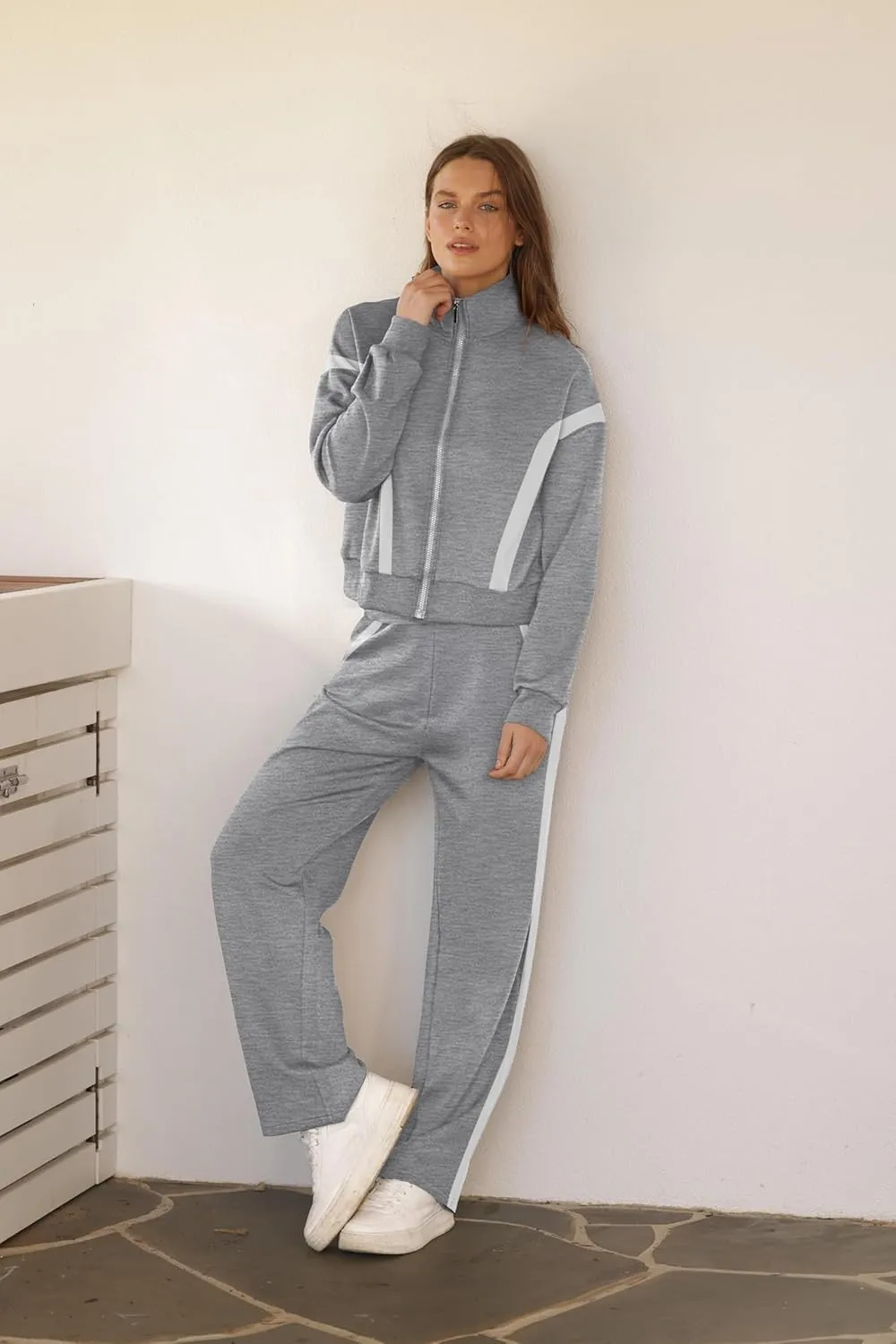 WIHOLL Lounge Sets for Women 2024 Zip Up Sweatshirt Wide Leg Sweatpants Casual 2 Piece Outfits Fashion Sweatsuits Tracksuit