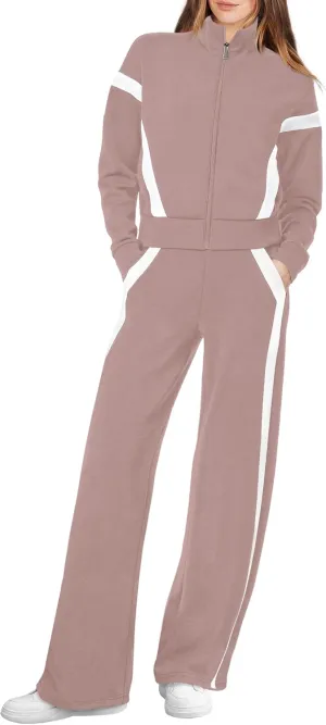 WIHOLL Lounge Sets for Women 2024 Zip Up Sweatshirt Wide Leg Sweatpants Casual 2 Piece Outfits Fashion Sweatsuits Tracksuit
