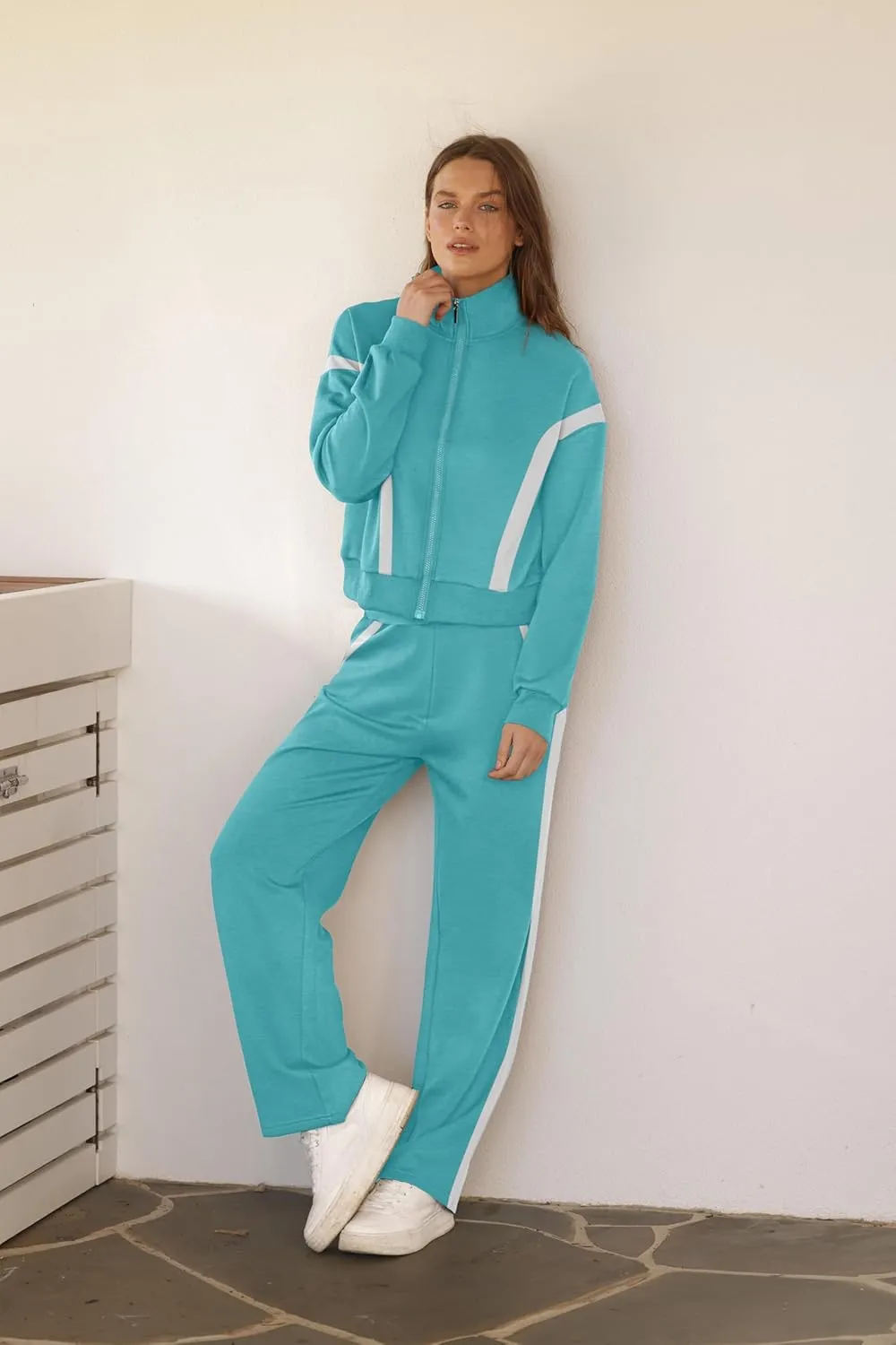 WIHOLL Lounge Sets for Women 2024 Zip Up Sweatshirt Wide Leg Sweatpants Casual 2 Piece Outfits Fashion Sweatsuits Tracksuit